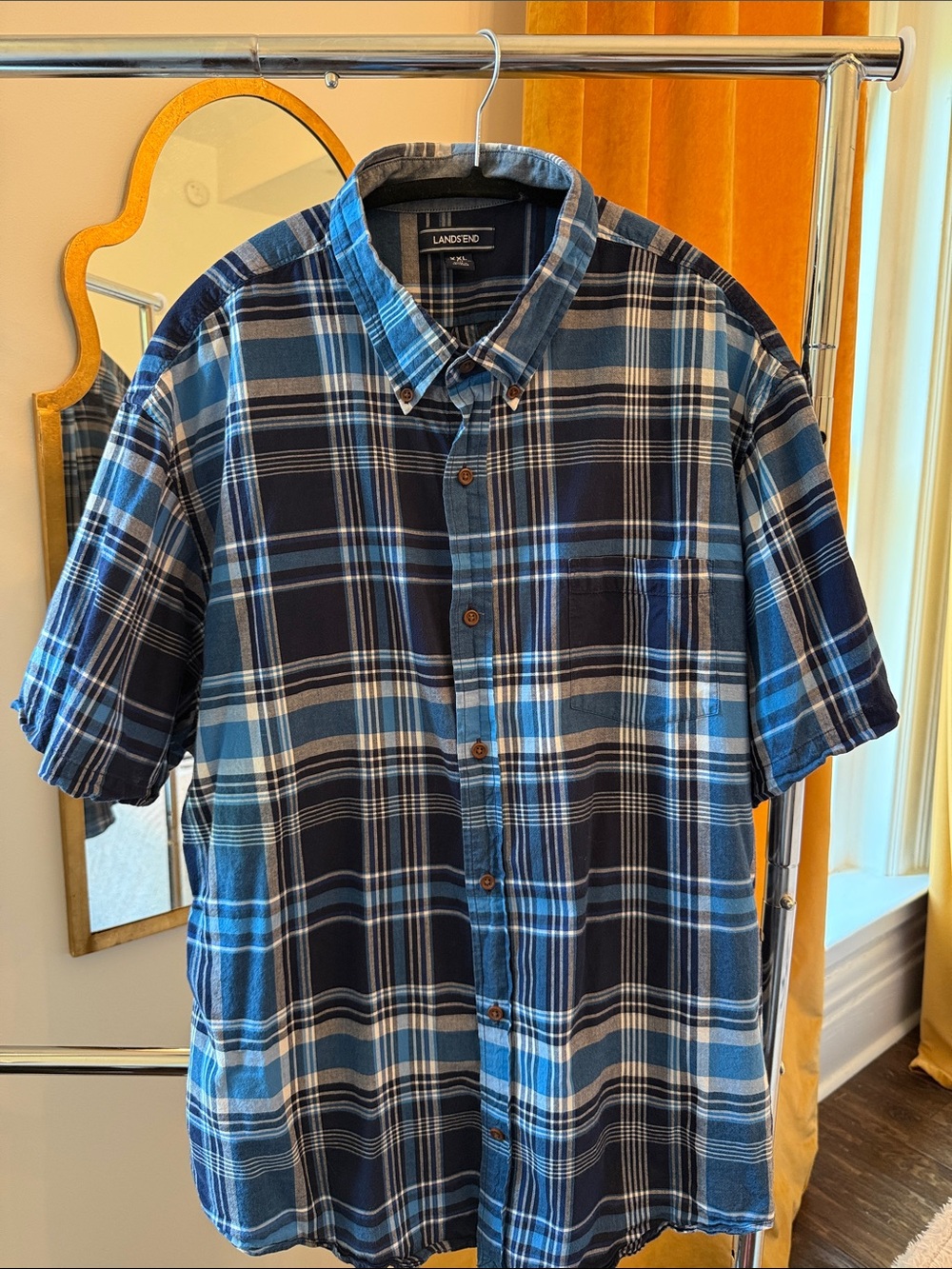 Lands' End Men’s Blue and White Plaid Short-Sleeve Button-Down Shirt xxl 18-18.5